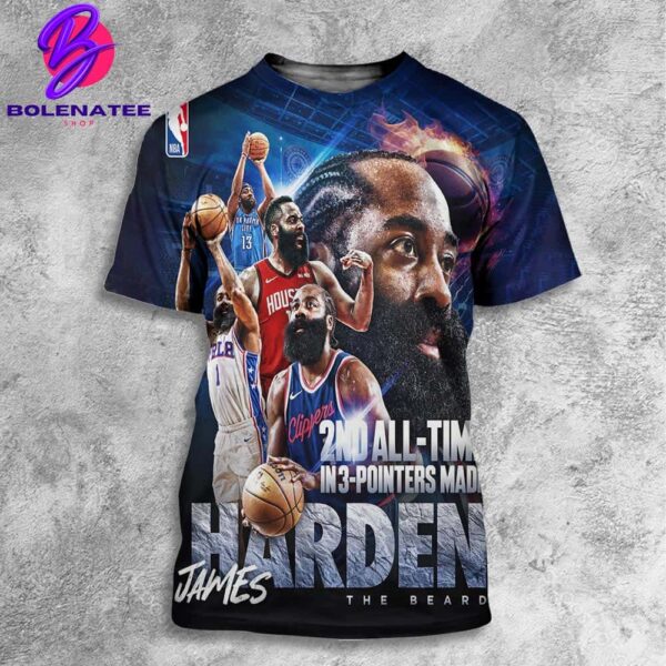 James Harden The Beard Become 2nd All-Time In 3-Pointers Made NBA History All Over Print Shirt