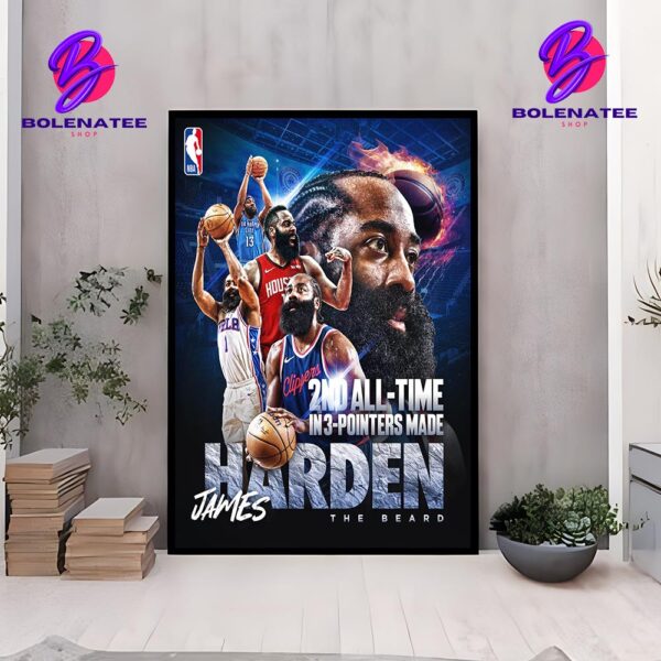 James Harden The Beard Become 2nd All-Time In 3-Pointers Made NBA History Wall Decor Poster Canvas