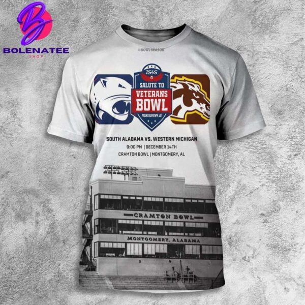 IS4S Salute To Veterans Bowl Matchup South Alabama Jaguars Versus Western Michigan Broncos At Cramton Bowl On December 14th 2024 All Over Print Shirt